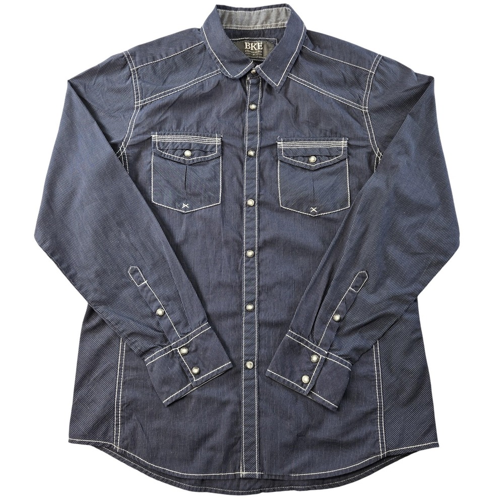 BKE Shirt Mens M Blue Long Sleeve Button Up Twill Striped Pockets Snap
